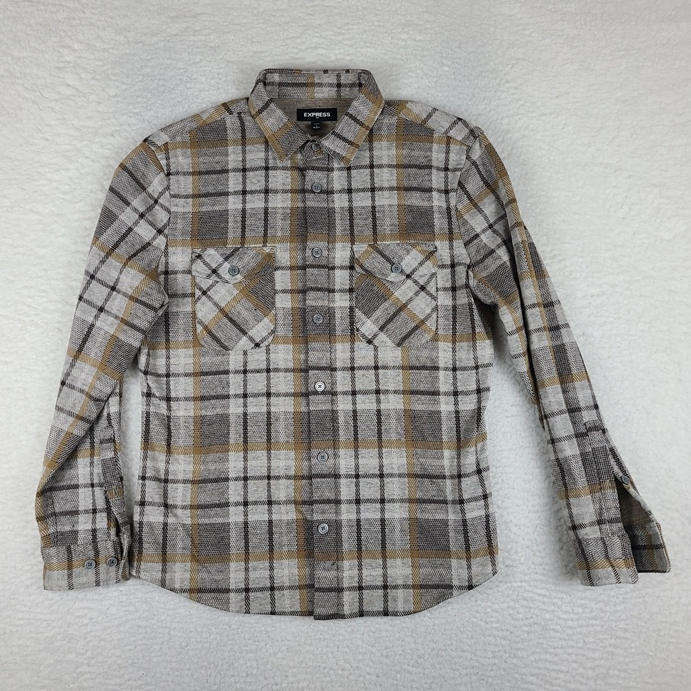 EXPRESS Flannel Shirt Mens Small Brown Tan Plaid Polyester Rayon Button Up‎